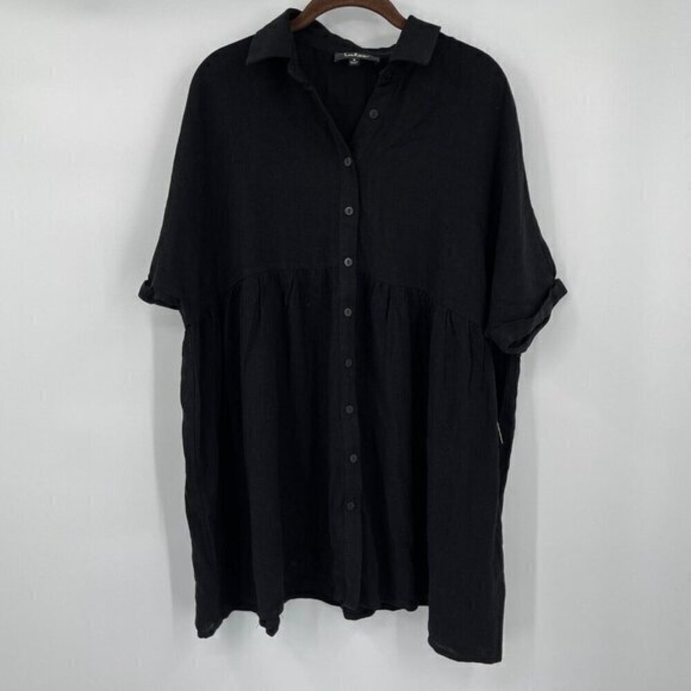 Lulus Dress S Womens Classic Black Linen Short Sleeve Shirt Dress Knit Casual